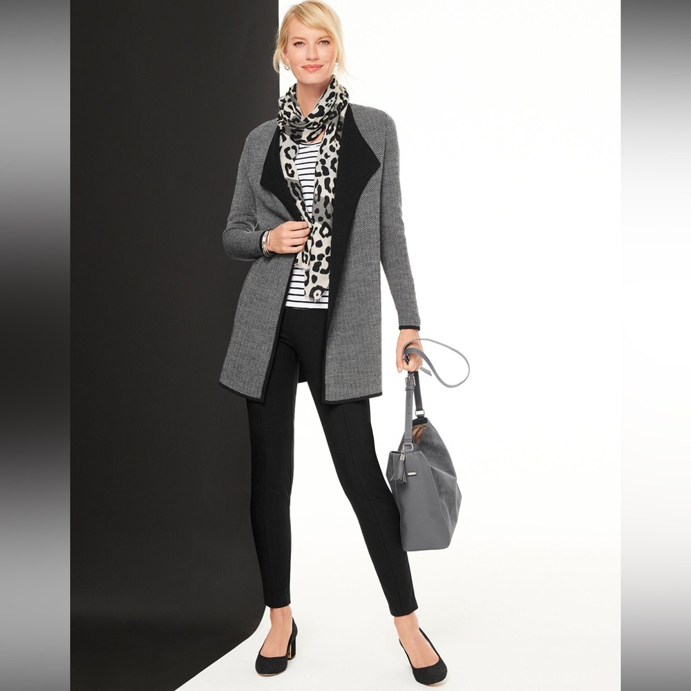 Talbots Black and Gray Chevron Merino Wool Waterfall Cardigan